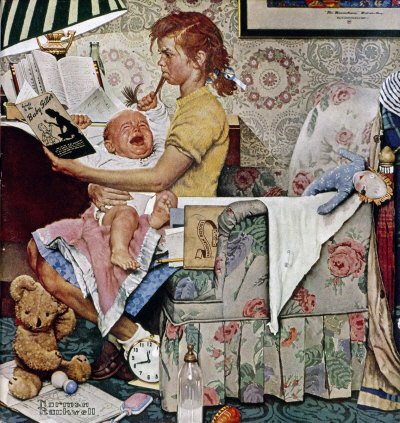 The November 8, 1947 Saturday Evening Post cover by Norman Rockwell entitled Babysitter With Screaming Infant