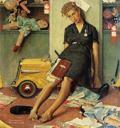 Norman Rockwell: Tired Salesgirl on Christmas Eve