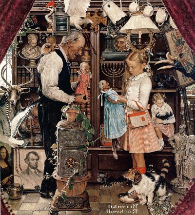 The April 3, 1948 Saturday Evening Post cover by Norman Rockwell entitled April Fool: Girl with Shopkeeper