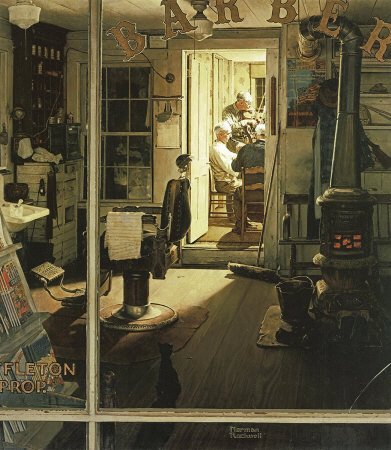 The April 29, 1950 Saturday Evening Post cover by Norman Rockwell entitled Shuffleton's Barbershop