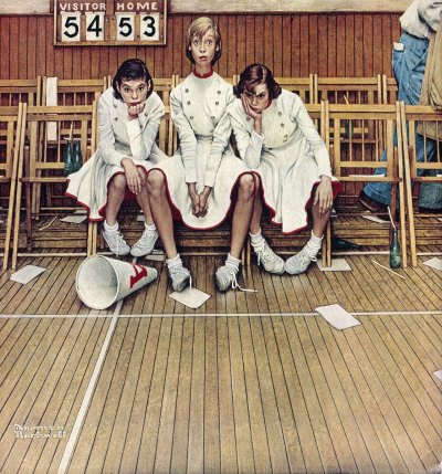 The February 16, 1952 Saturday Evening Post cover by Norman Rockwell entitled Cheerleaders