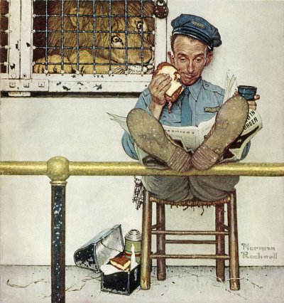 The January 9, 1954 Saturday Evening Post cover by Norman Rockwell entitled Lion and Zookeeper